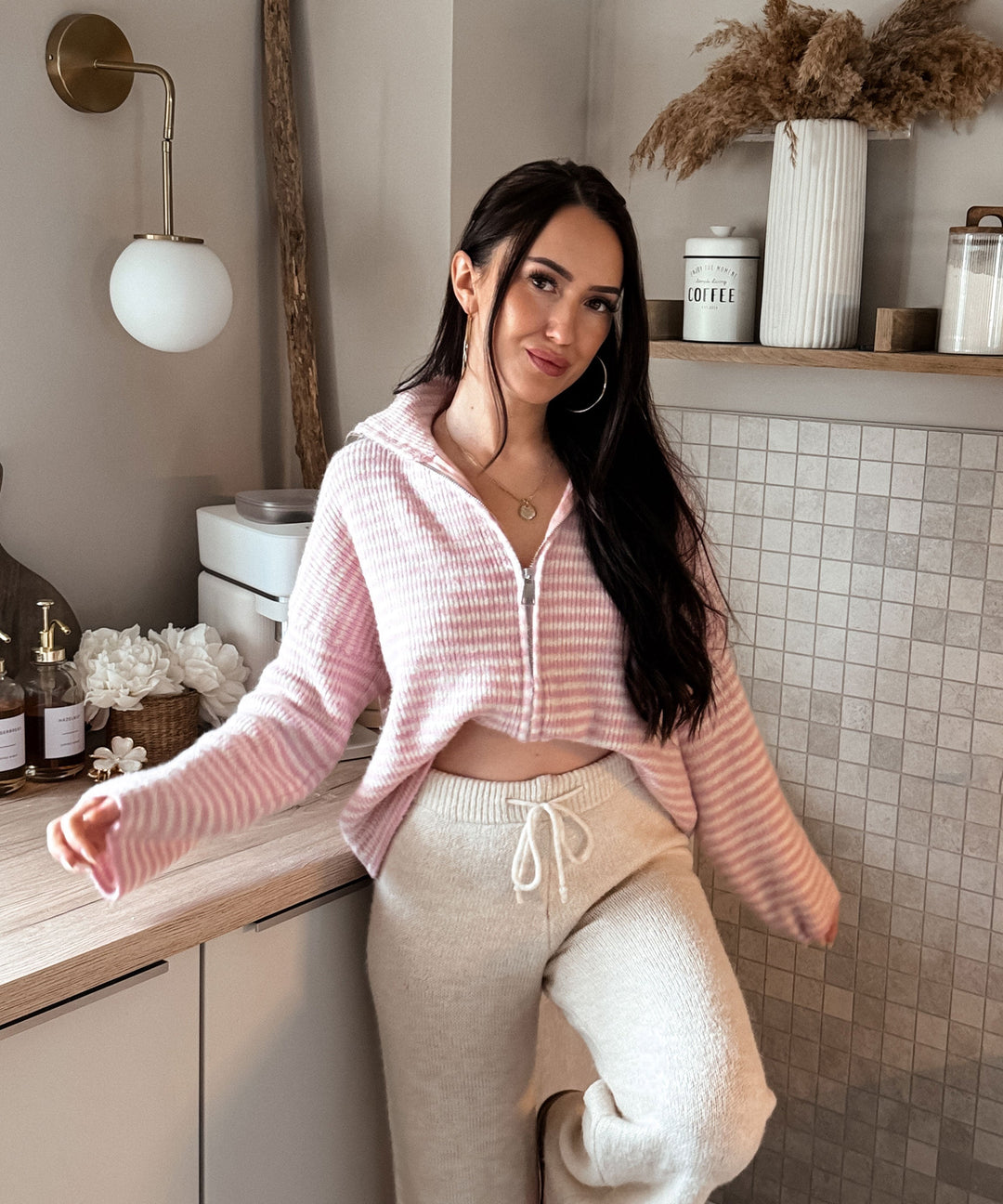 Zip Strickjacke Helena Streifen Rosa Ladypolitan ♡