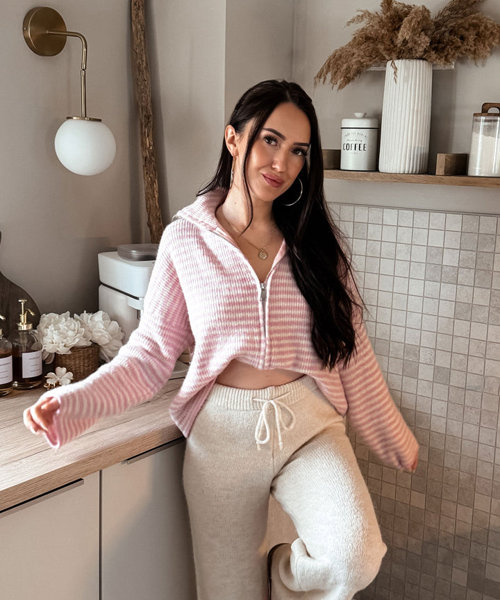 Zip Strickjacke Helena Streifen Rosa Ladypolitan ♡