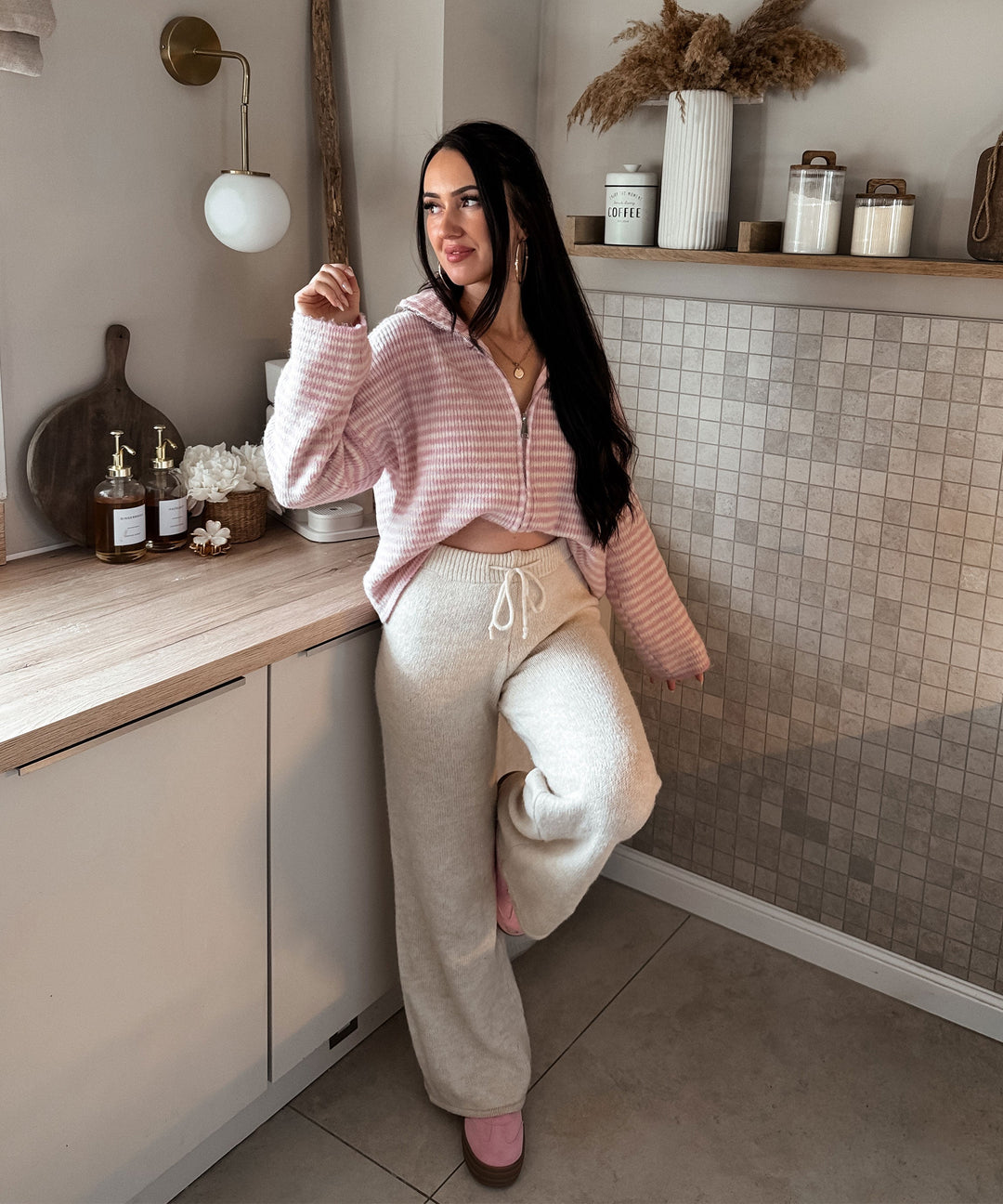 Zip Strickjacke Helena Streifen Rosa Ladypolitan ♡