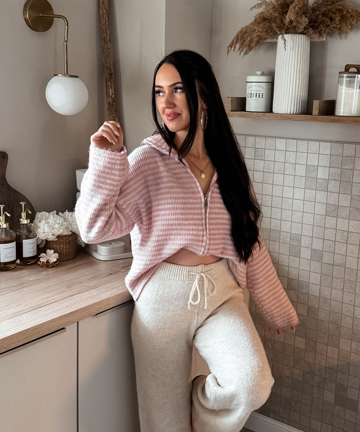 Zip Strickjacke Helena Streifen Rosa Ladypolitan ♡