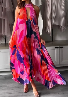 Claudia | Damen plissiertes ärmelloses Maxikleid
