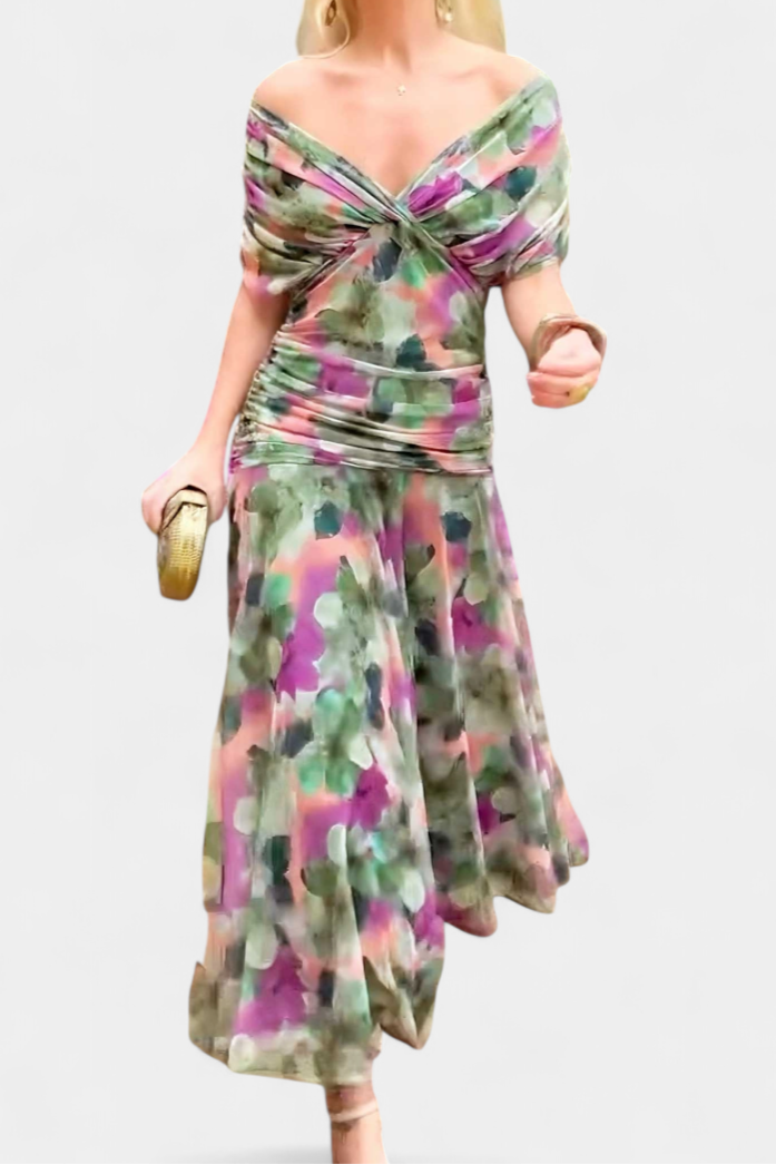 Damen-Maxikleid mit V-Ausschnitt und Blumenmuster