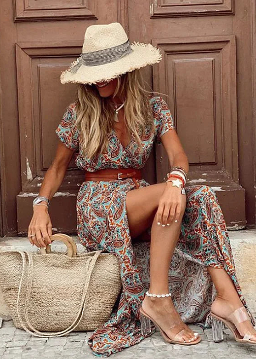 Boho-Maxikleid für Damen mit Gürtel