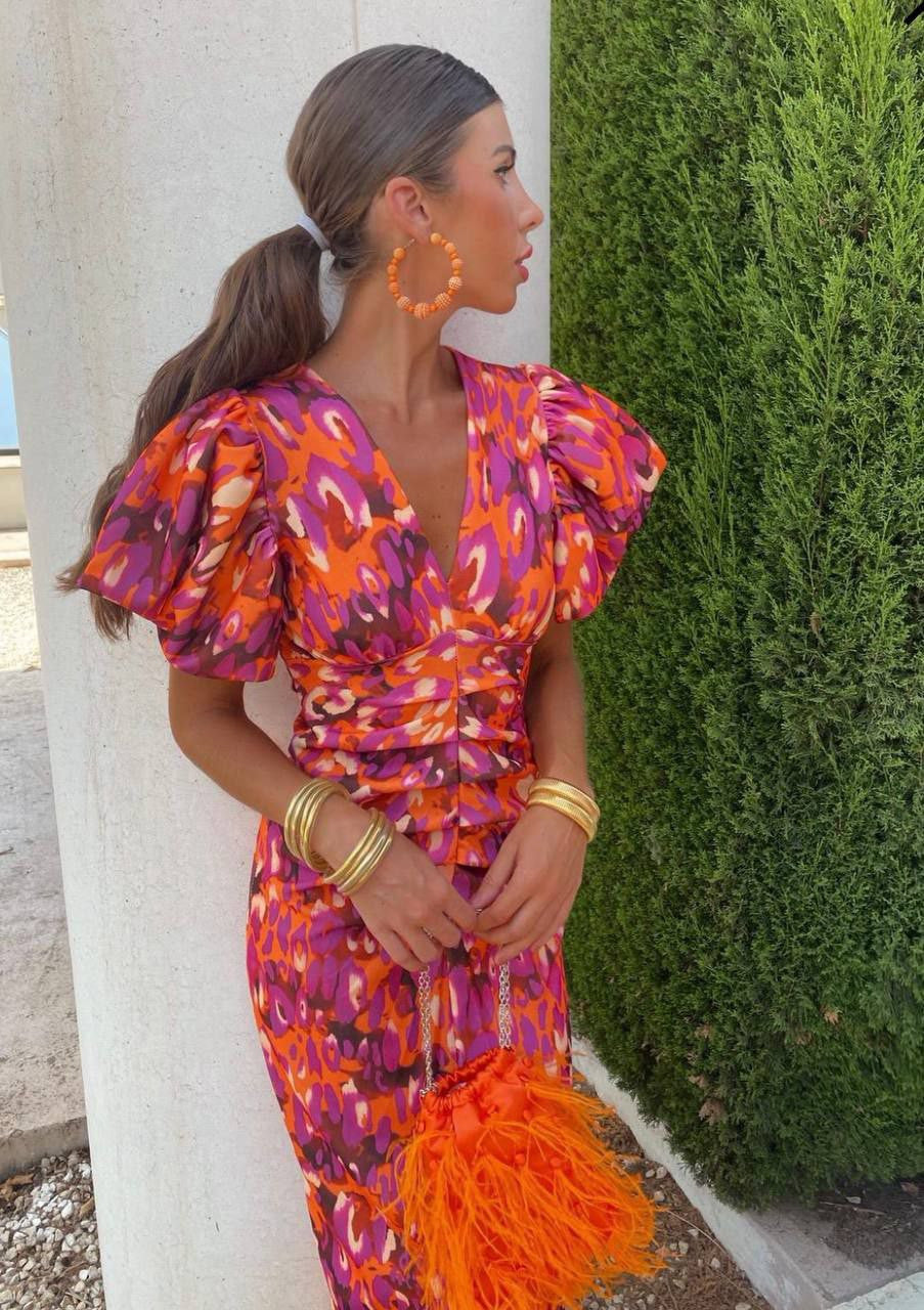 Monika | Damen Sommer Bedrucktes Midi Kleid Mit Puffärmeln