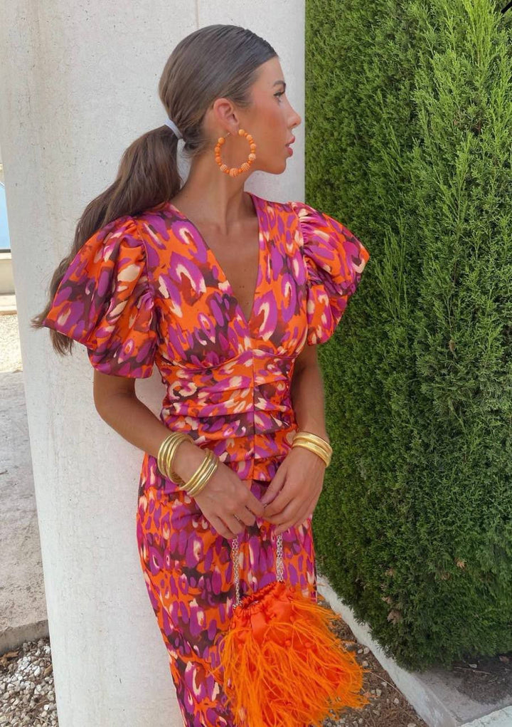 Monika | Damen Sommer Bedrucktes Midi Kleid Mit Puffärmeln