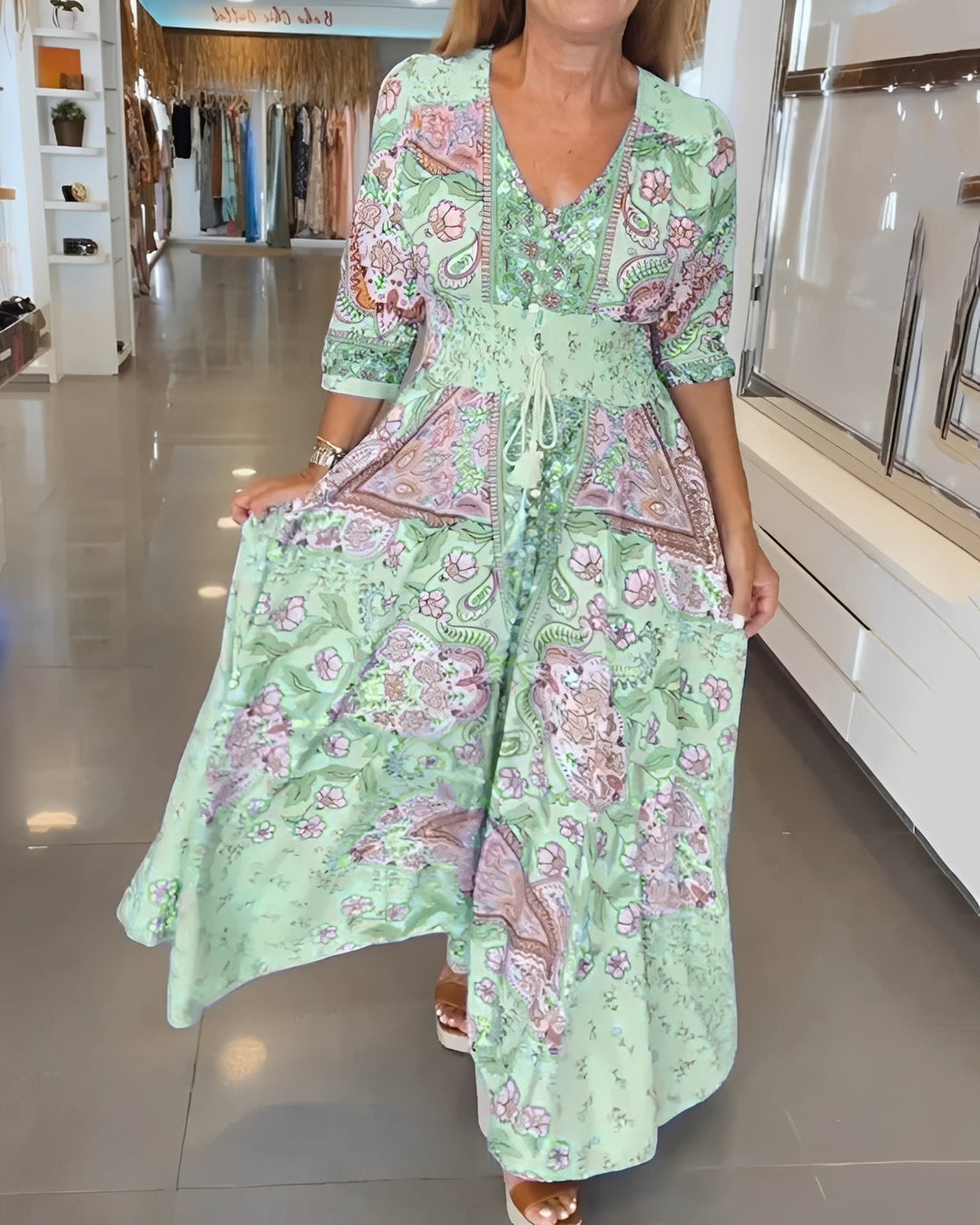 Jasmin - Elegantes Kleid mit V-Ausschnitt und Print für Damen