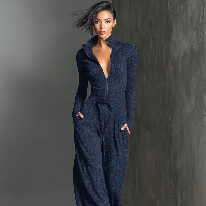 Glitzernder Strick-Jumpsuit mit weitem Bein für Damen | Reißverschluss vorne