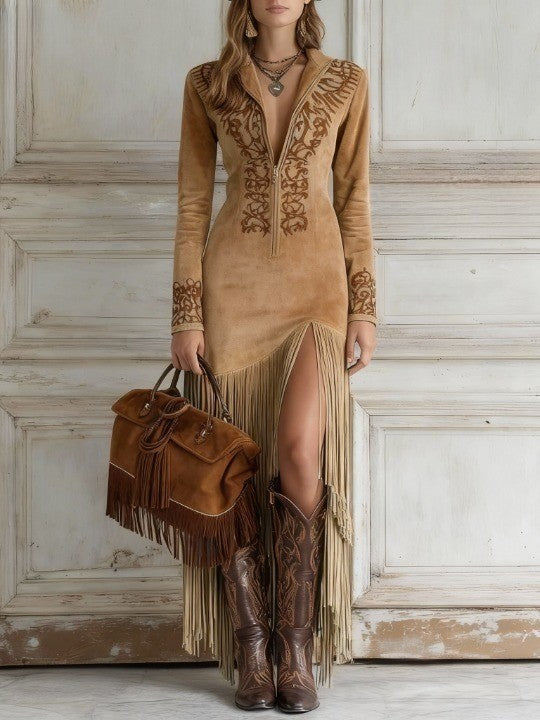Karin  | Damen Suede Fringe Sommer Maxi Kleid