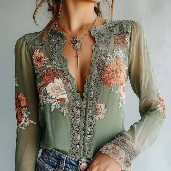 Damenbluse mit Blumenmuster und Spitzenverzierung, langärmelig