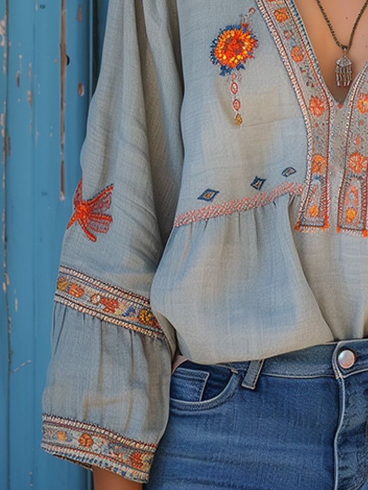 Yvonne | Damen Boho-Bluse mit Stickerei und V-Ausschnitt