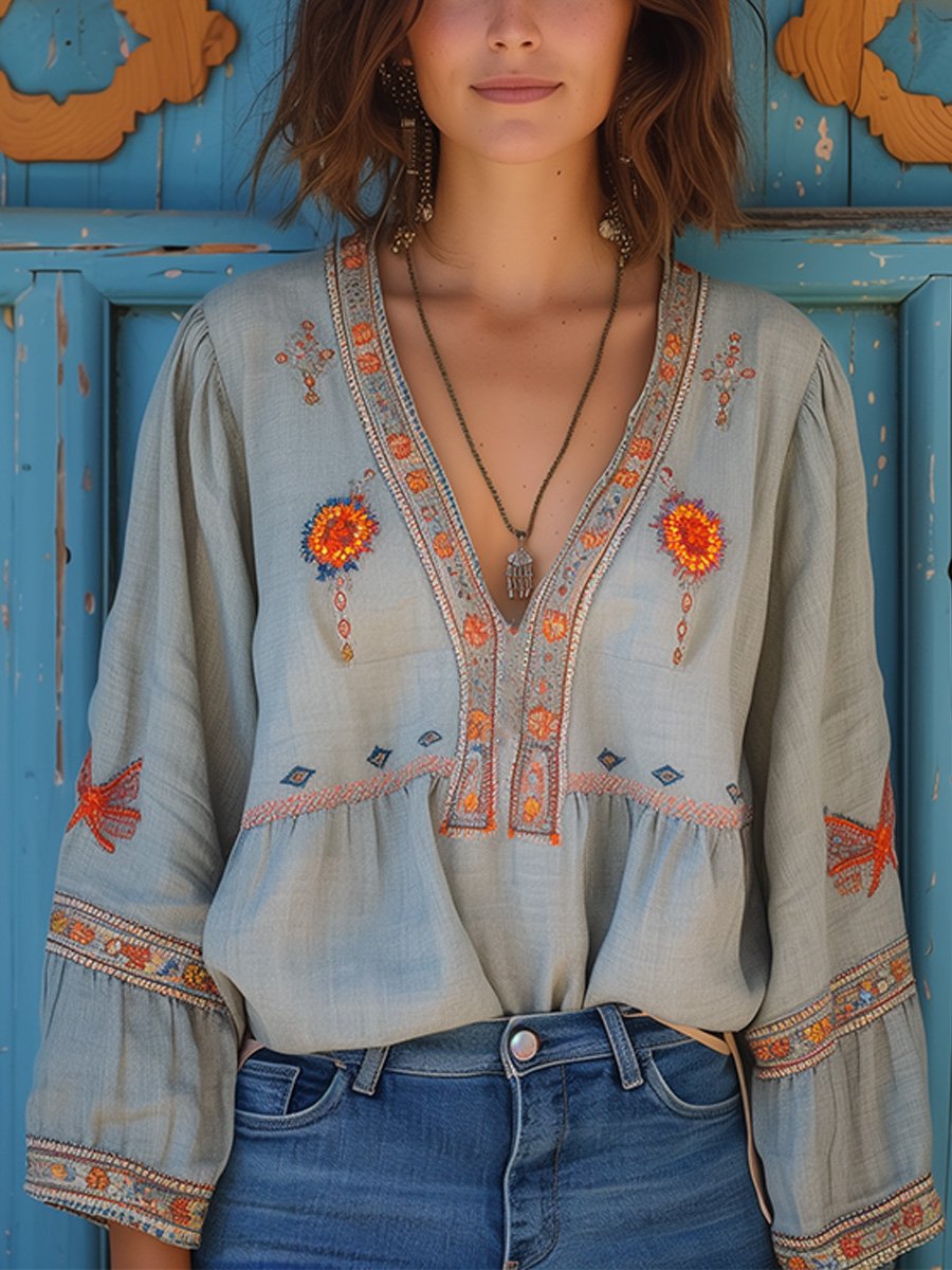 Yvonne | Damen Boho-Bluse mit Stickerei und V-Ausschnitt