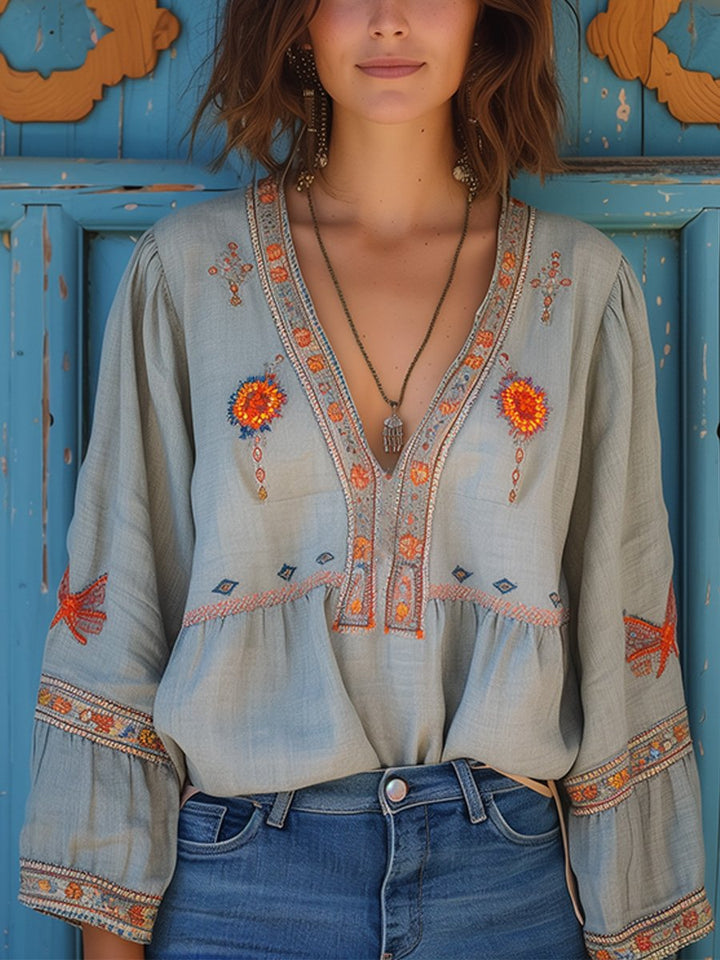 Yvonne | Damen Boho-Bluse mit Stickerei und V-Ausschnitt