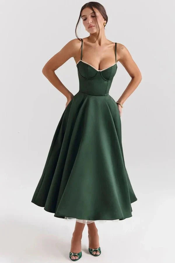Satin-Korsett-Midi-Kleid für Damen | Hochzeitsgast