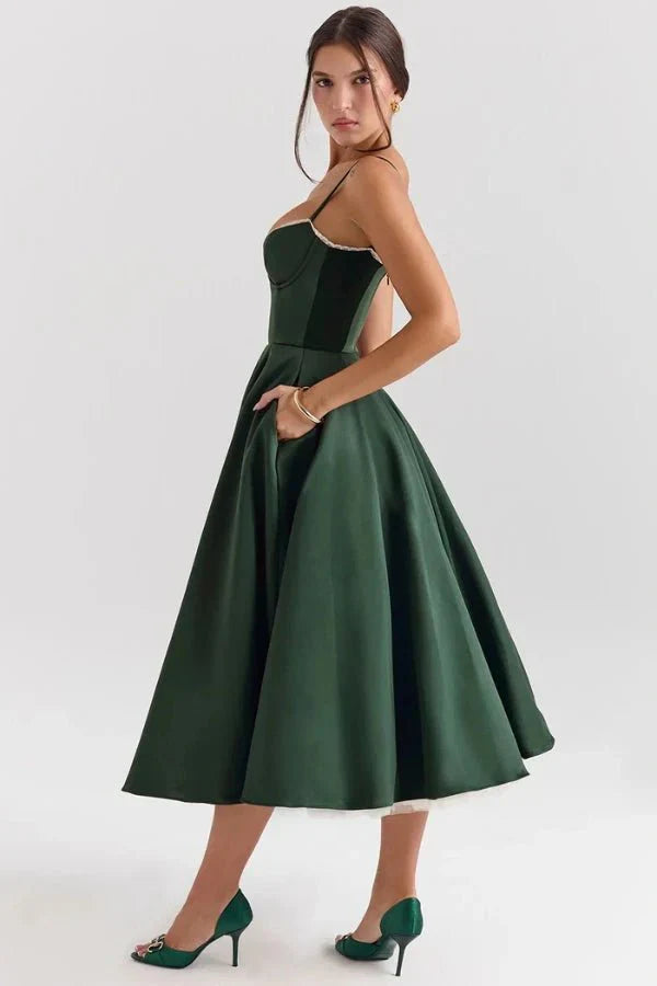 Satin-Korsett-Midi-Kleid für Damen | Hochzeitsgast