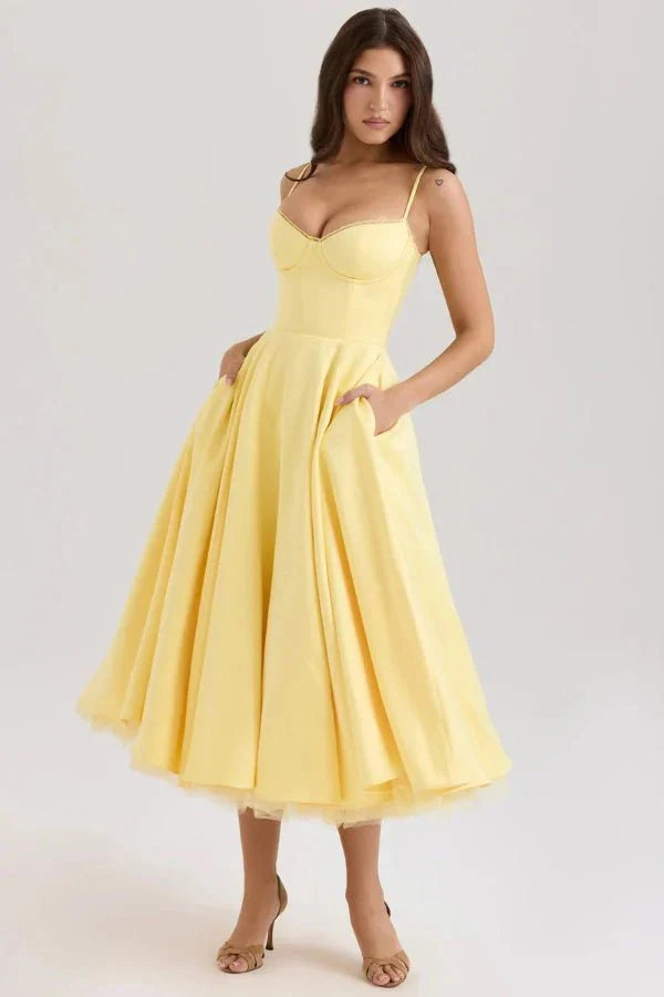 Satin-Korsett-Midi-Kleid für Damen | Hochzeitsgast