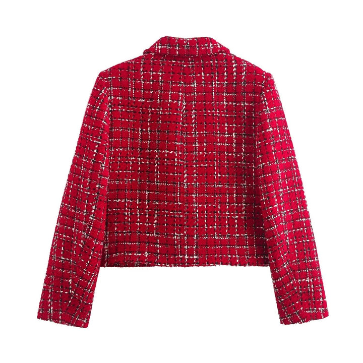 Kurze Damenjacke mit Karomuster und Knopfverschluss