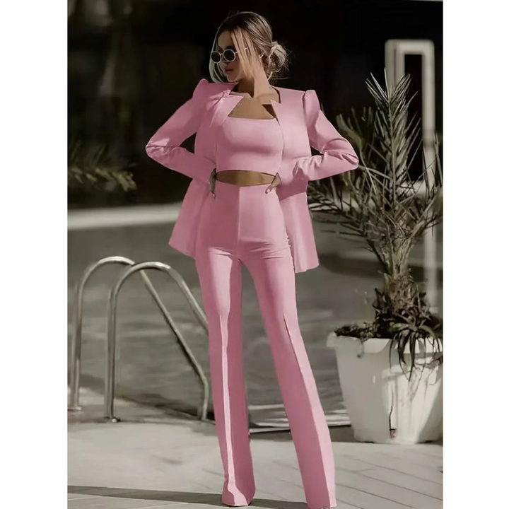 Kurzes Oberteil und Hose im Set – Elegantes Dreiteilige Set für Damen