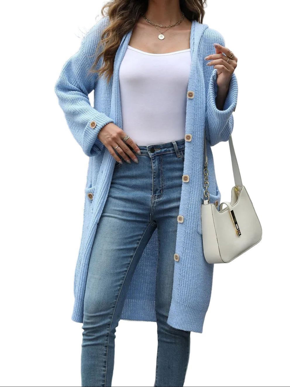 Lange Strickjacke mit Knopfverschluss und aufgesetzten Taschen-Women cardigans-Alpenkind