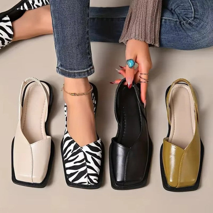 Flache Damenschuhe mit eckiger Spitze und Fersenriemen | Veganes Leder