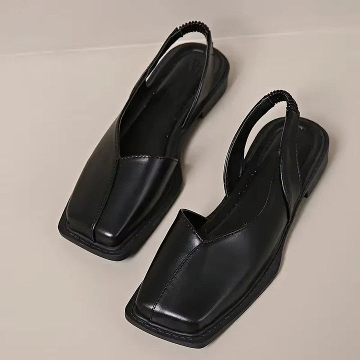 Flache Damenschuhe mit eckiger Spitze und Fersenriemen | Veganes Leder