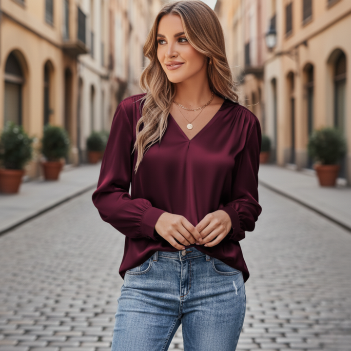 Yvonne – Women Satin blouse with V-neck - Image 11