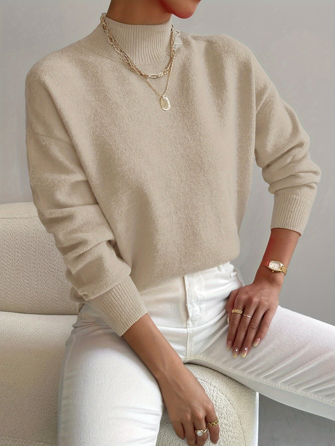Élodie – Damen Feinstrick Pullover mit Stehkragen