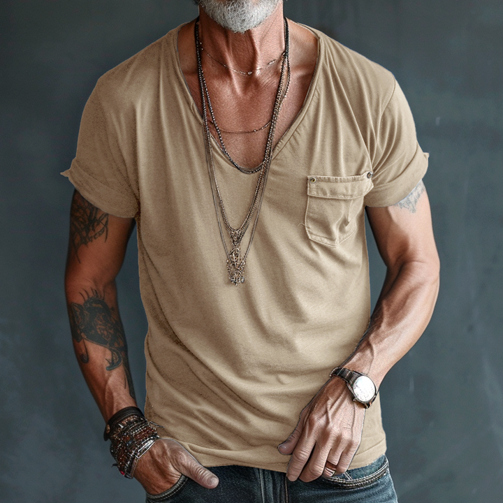 Dominic | Herren Tiefer Rundhalsausschnitt Taschen T-Shirt