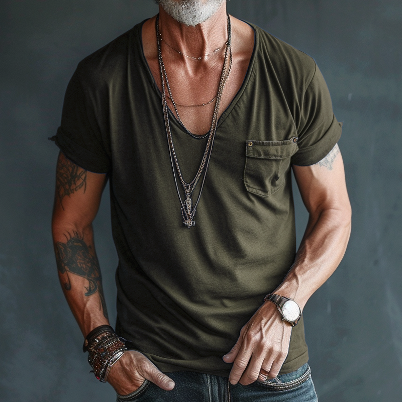 Dominic | Herren Tiefer Rundhalsausschnitt Taschen T-Shirt