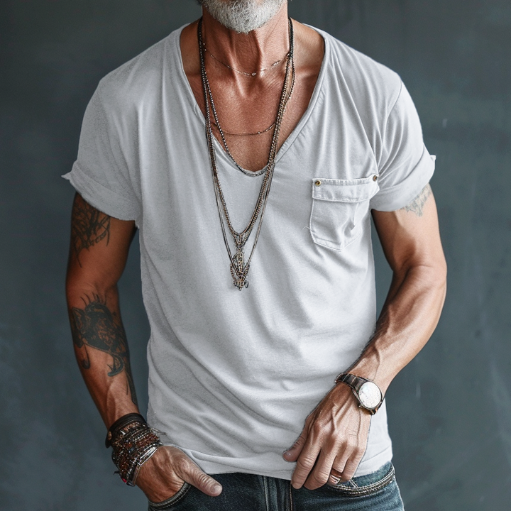 Dominic | Herren Tiefer Rundhalsausschnitt Taschen T-Shirt