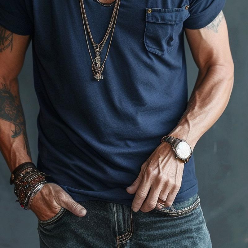 Dominic | Herren Tiefer Rundhalsausschnitt Taschen T-Shirt