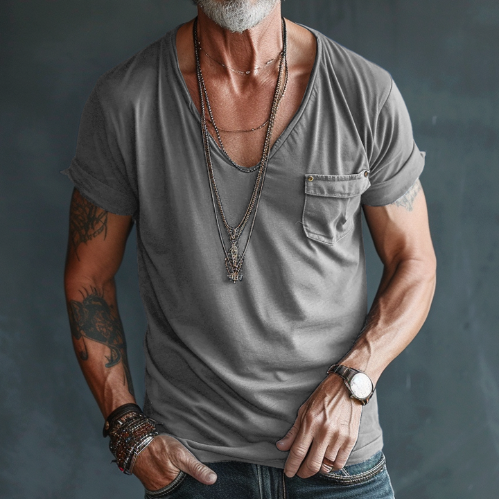 Dominic | Herren Tiefer Rundhalsausschnitt Taschen T-Shirt