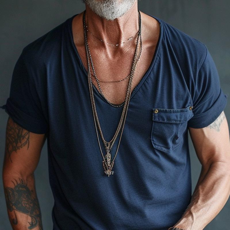 Dominic | Herren Tiefer Rundhalsausschnitt Taschen T-Shirt