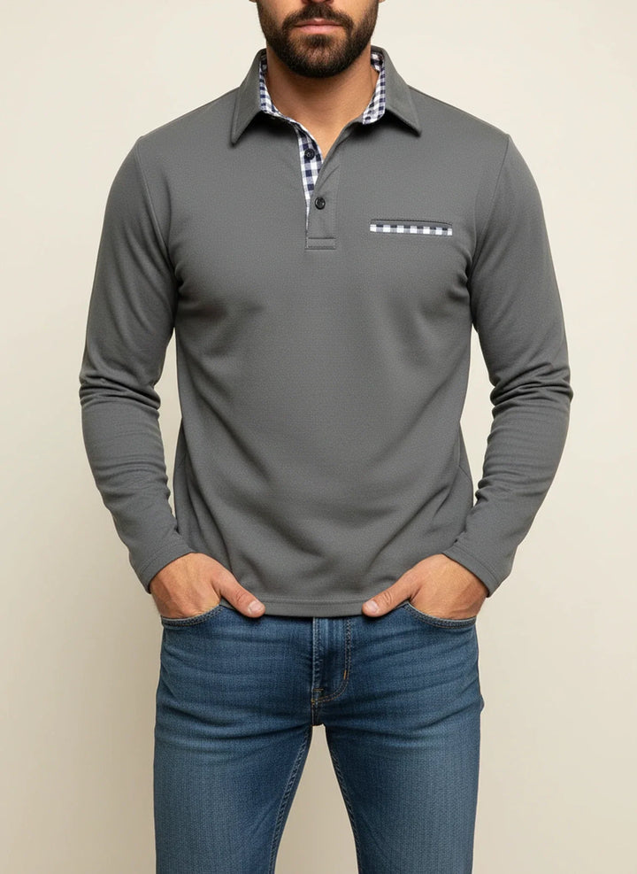 Richard | Herren Karo-Besatz Taschen Langarm Polohemd