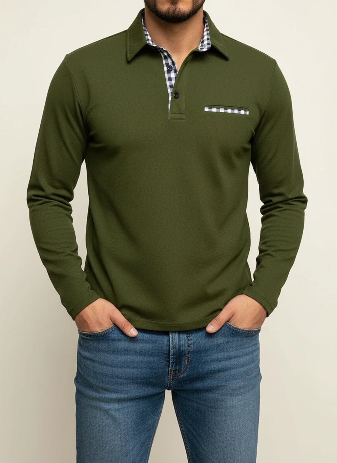 Richard | Herren Karo-Besatz Taschen Langarm Polohemd