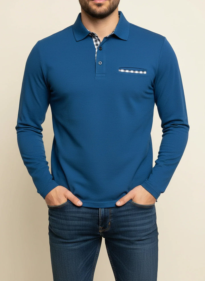 Richard | Herren Karo-Besatz Taschen Langarm Polohemd