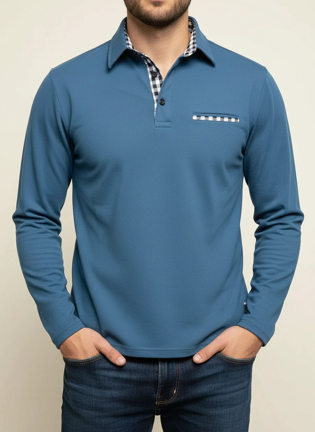 Richard | Herren Karo-Besatz Taschen Langarm Polohemd