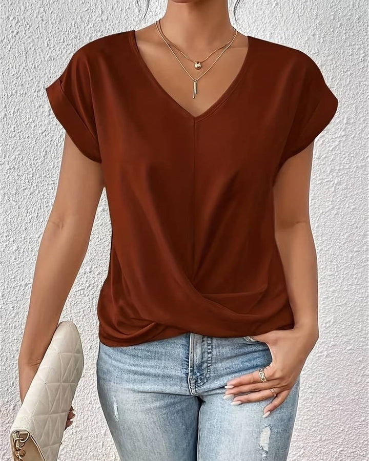 Minimalistisch Damen Bluse mit V-Ausschnitt und Twist-Detail | Kurzarm