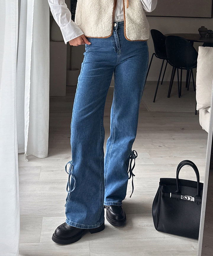 Stretch Wide Leg Jeans Mira Schleife Dunkelblau Ladypolitan ♡