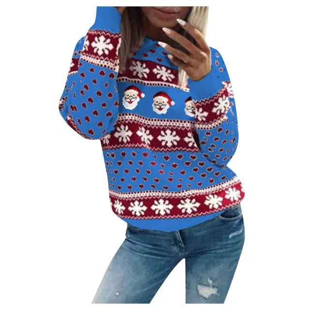 Emilia | Damen-Weihnachtspullover mit Weihnachtsmann- und Schneeflockenmuster