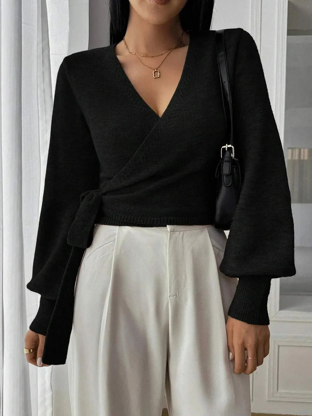 Damen Wickelpullover mit Bindegürtel – Übergangsjacke