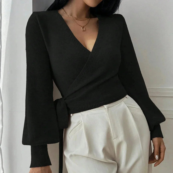 Damen Wickelpullover mit Bindegürtel – Übergangsjacke