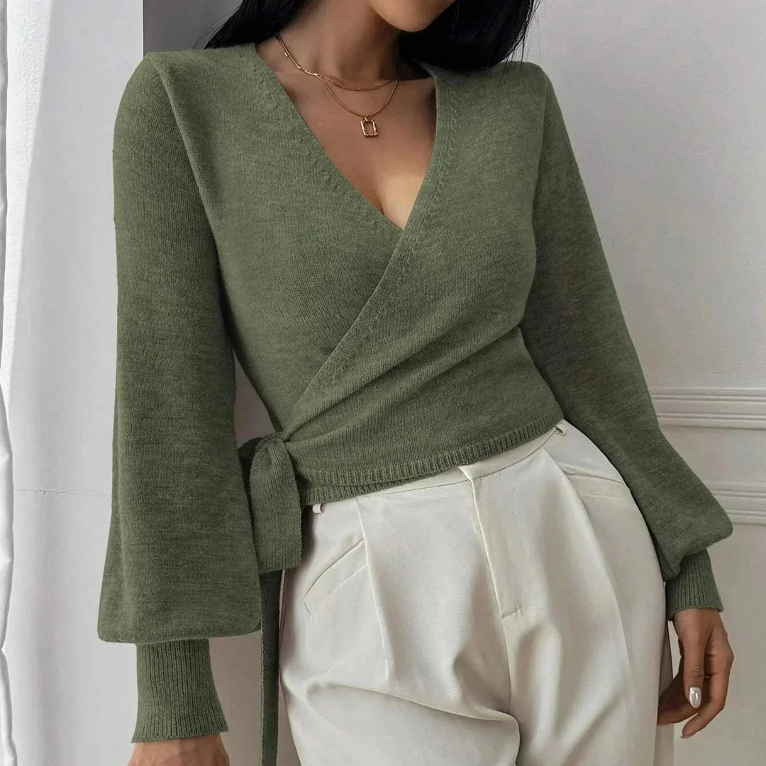 Damen Wickelpullover mit Bindegürtel – Übergangsjacke