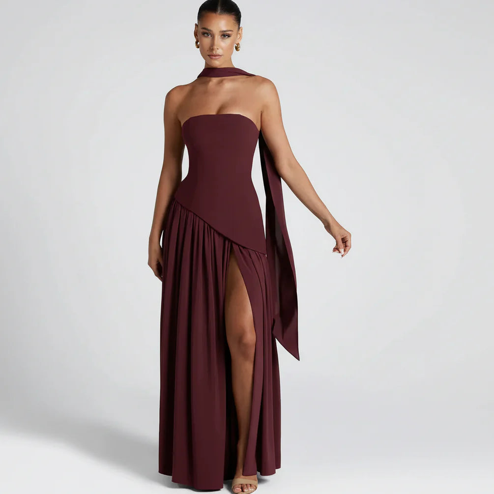 Maxikleid für Damen im Korsettstil mit Schaldetail und hohem Schlitz