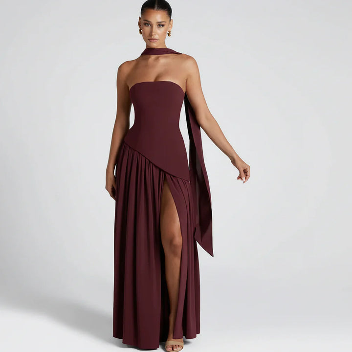 Maxikleid für Damen im Korsettstil mit Schaldetail und hohem Schlitz