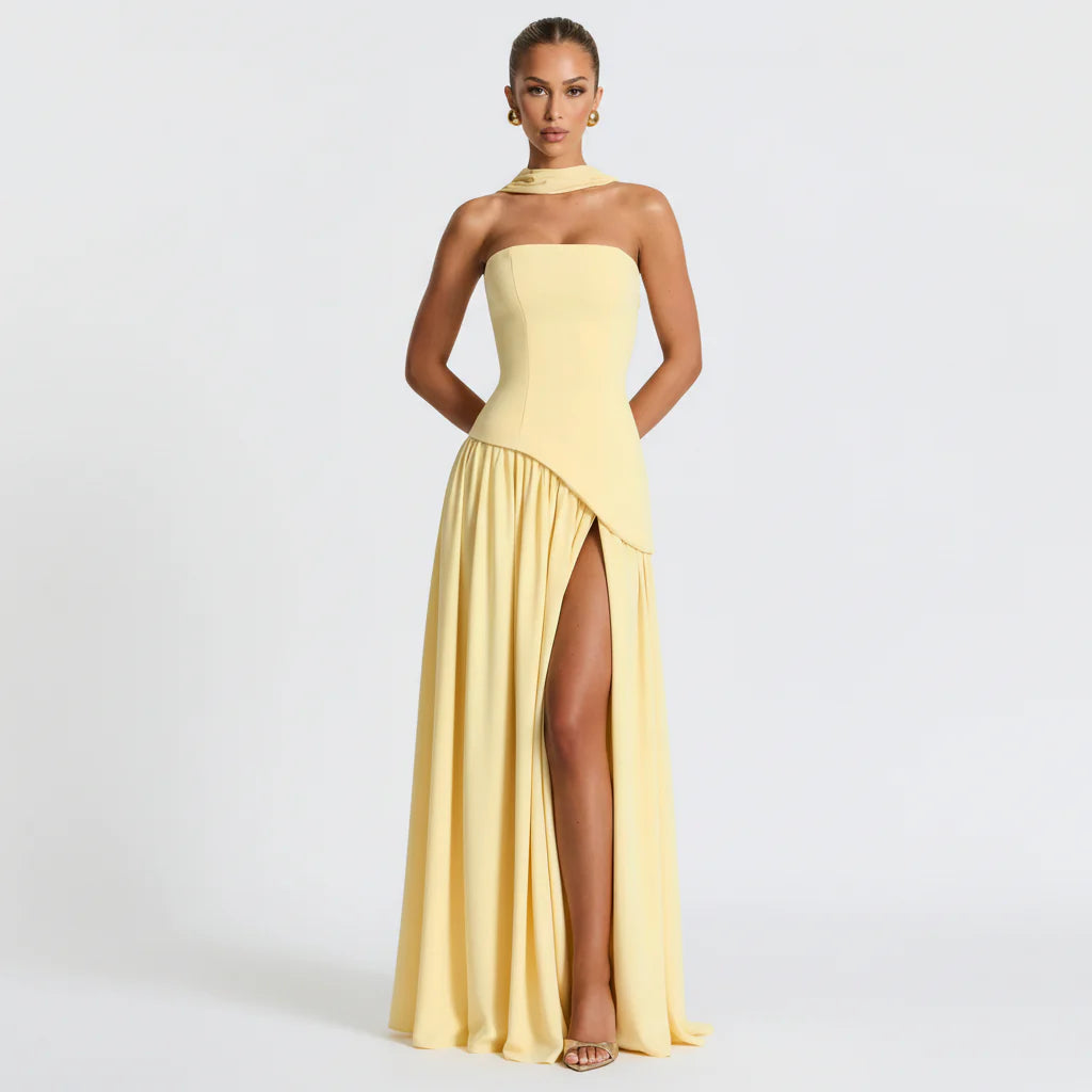 Maxikleid für Damen im Korsettstil mit Schaldetail und hohem Schlitz
