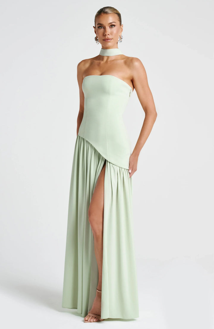 Maxikleid für Damen im Korsettstil mit Schaldetail und hohem Schlitz