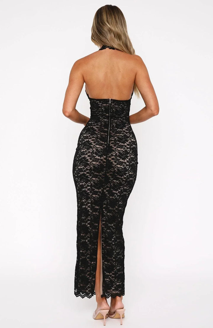 Schwarzes Maxikleid mit Spitzenverzierung und offenem Rücken für Damen