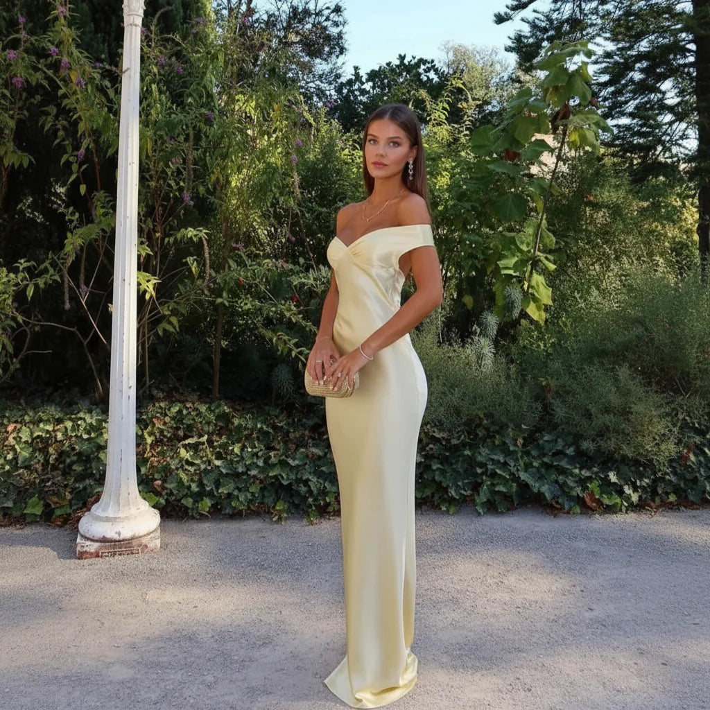 Gelbes, schulterfreies Maxikleid aus Satin für Damen
