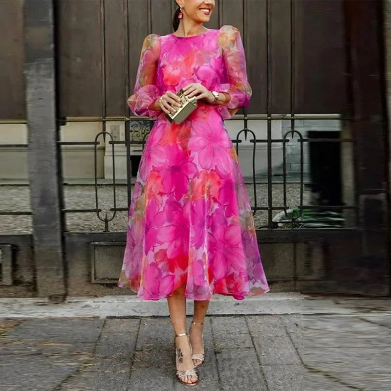 Midi-Kleid mit Blumenmuster & langen Ärmeln – leichter Stoff