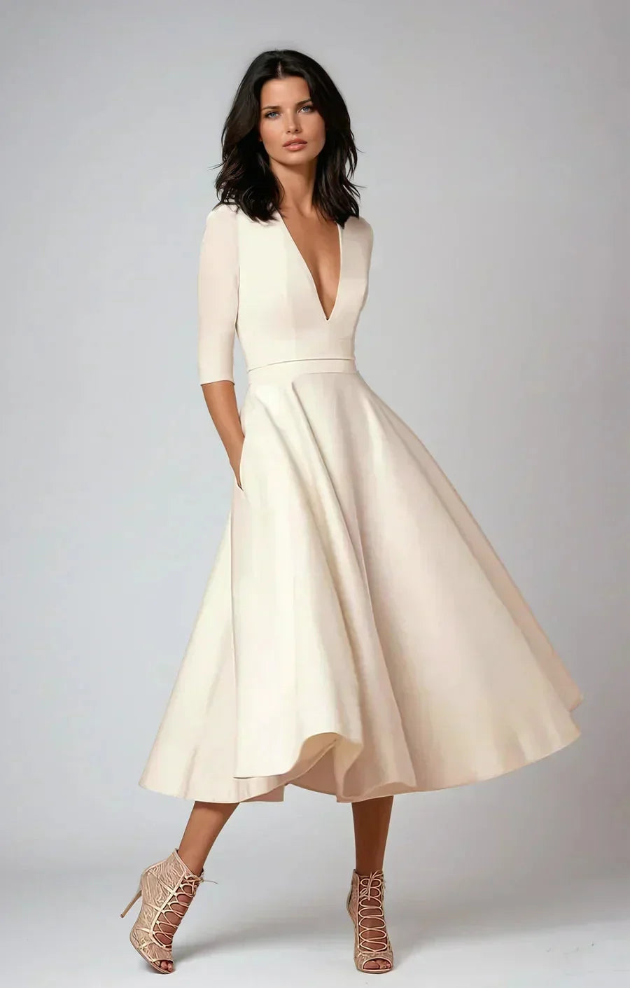 Midi-Kleid mit V-Ausschnitt, 3/4-Ärmeln & Taschen – A-Linie